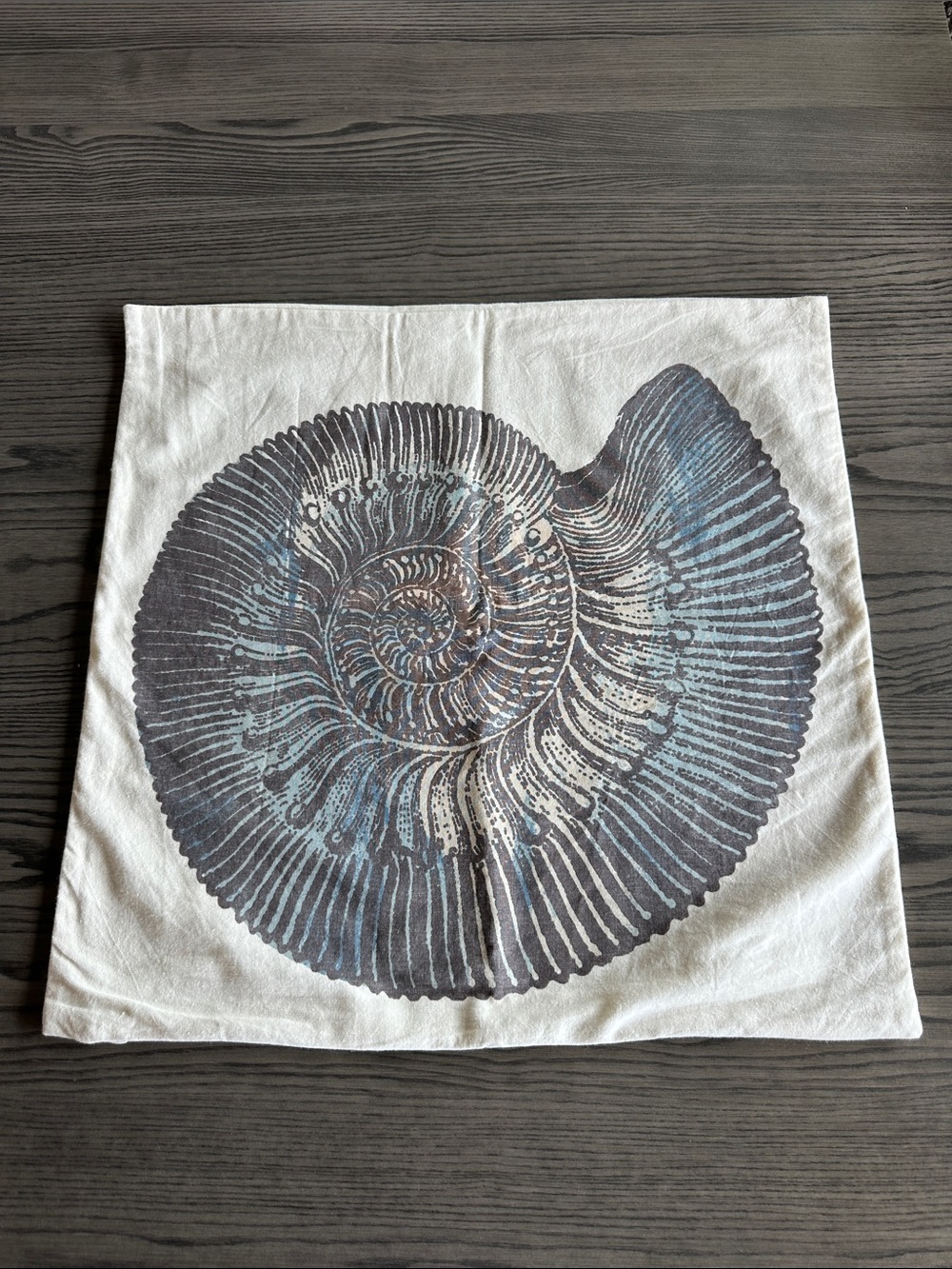 Pottery Barn Pillow Cover with Nautilus Shell Print - White, Gray, Blue 20” sq.